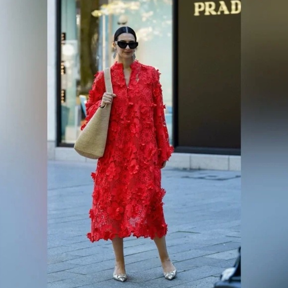 NWT J.Marie Seraphina Floral 3D Lace Split Round Button Up Neck Shift Dress Sz M - Picture 2 of 6